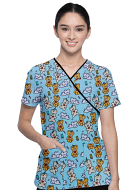 Baby Snuggle Buddies Printed Top mock wrap 3 pocket half sleeve with black piping Interlock Stretch Fabric 100% polyester