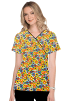 Blooming Flowers Print Scrub Set Mock Wrap With Black Piping 5 Pocket Half Sleeves (Top 3 Pockets With  Bottom 2 Pockets Boot cut)