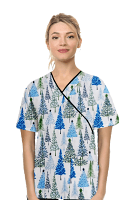 Christmas Tree Printed Top mock wrap 3 pocket half sleeve with black piping in POPLIN FABRIC (65% POLYESTER, 35% COTTON)