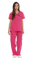 Stretchable Scrub Set Mock Wrap 5 pocket solid half sleeve  (top 3 pocket with bottom 2 pocket boot cut) in 35% Cotton 60% Polyester 5% Spandex