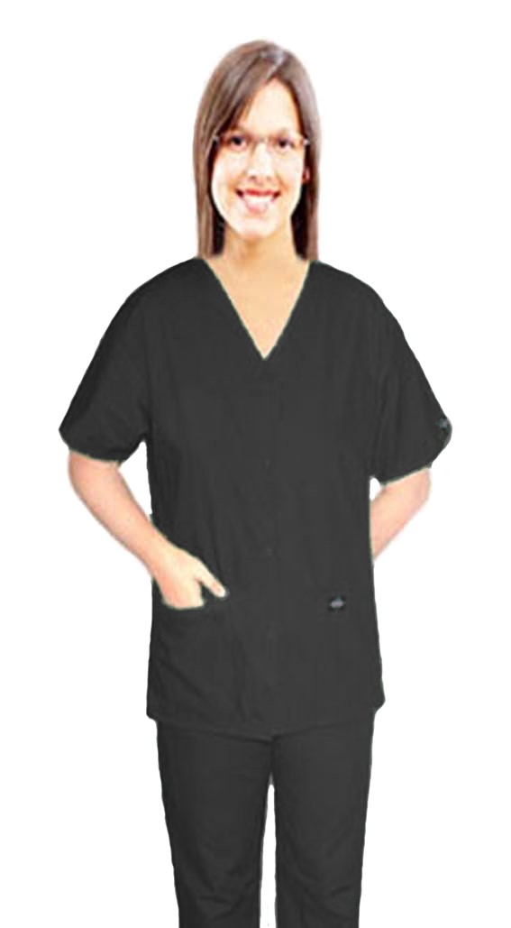 Stretchable Scrub set 4 pocket solid ladies front open v-neck with snap buttons half sleeve (2 pocket top 2 pocket boot cut pant) in 35% Cotton 60% Polyester 5% Spandex