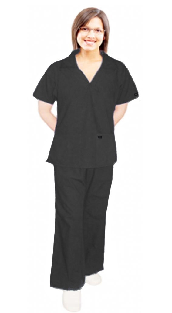 Stretchable Scrub set 4 pocket ladies with v-neck collar style top half sleeve with flare leg pant (top 2 pocket with 2 pocket pant) in 35% Cotton 60% Polyester 5% Spandex