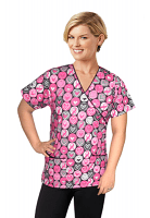 Top mock wrap 3 pocket half sleeve in pink ribbon with black piping in POPLIN FABRIC (65% POLYESTER, 35% COTTON)