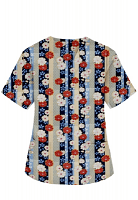Red and Beige flowers with blue background Top v neck 2 pocket half sleeves in POPLIN FABRIC (65% POLYESTER, 35% COTTON)