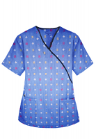 Printed scrub set mock wrap 5 pocket half sleeve in Shapes Print with black piping  (top 3 pocket with  bottom 2 pocket boot cut)
