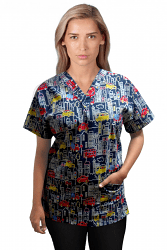 Building And Bus Print  Top v neck 2 pocket half sleeves in POPLIN FABRIC (65% POLYESTER, 35% COTTON)