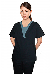 Poplin Contrast v-neck insert trim 2 pocket top pleats half sleeve (65% Polyester, 35% Cotton)